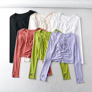 Long Sleeve Halter-neck Plain Ruched Crop Top