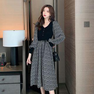 Long-sleeve Knit Panel Floral Dress