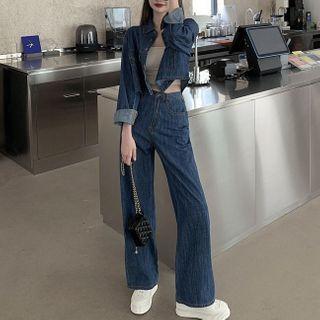 Cropped Denim Jacket / High-waist Wide-leg Jeans