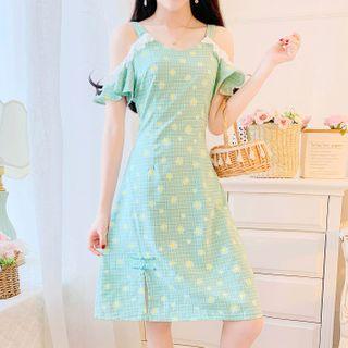 Floral Print Plaid Cold-shoulder Bell-sleeve A-line Dress