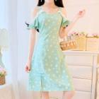 Floral Print Plaid Cold-shoulder Bell-sleeve A-line Dress