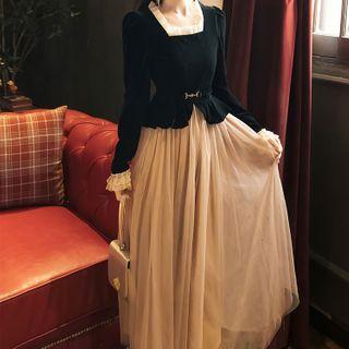Long-sleeve Mock Two-piece Maxi A-line Dress