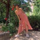 Sleeveless Deep-slit Houndstooth Maxi Dress