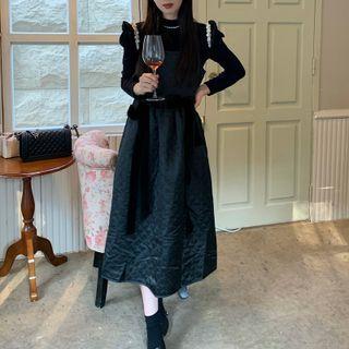Long-sleeve Pearl Ruffle Trim Top / Bow Plaid Padded Spaghetti-strap Dress