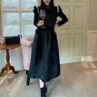 Long-sleeve Pearl Ruffle Trim Top / Bow Plaid Padded Spaghetti-strap Dress