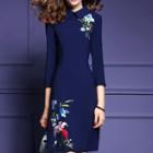 Flower Embroidered Collared 3/4 Sleeve Dress