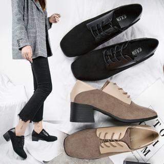 Two Tones Block Heel Derby Shoes