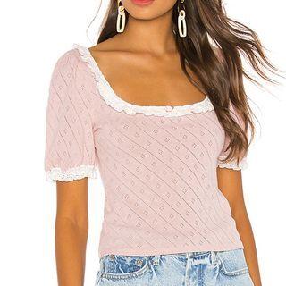 Short-sleeve Pointelle Knit Top Pink - One Size