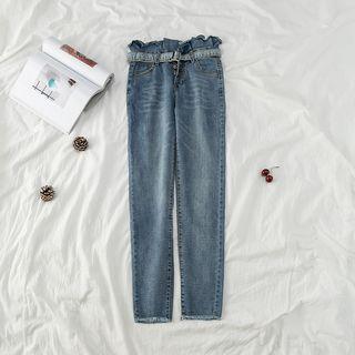 High-waist Frilled Trim Slim-fit Jeans