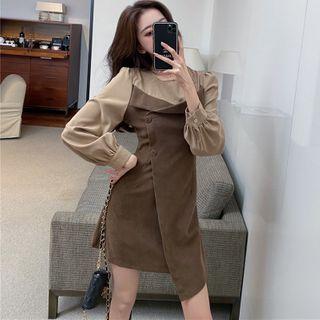 Long-sleeve Asymmetrical Two-tone Mini A-line Dress