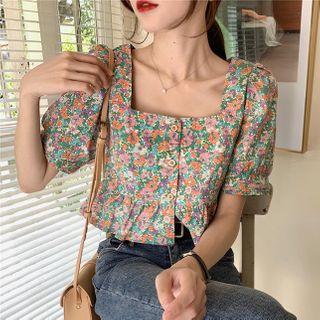 Floral Square-neck Short-sleeve Top As Figure - One Size