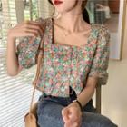 Floral Square-neck Short-sleeve Top As Figure - One Size