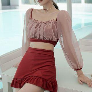 Set: Long-sleeve Off-shoulder Tankini Top + Swim Skirt