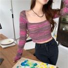 Long-sleeve Square-neck Cropped Knit Top Purple - One Size