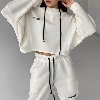 Set: Plain Long-sleeve Cropped Hoodie + Drawstring Sweatpants