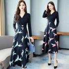 Long-sleeve V-neck Crane Print Midi A-line Dress