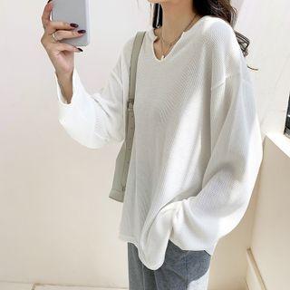 Long-sleeve V-neck Waffle Top