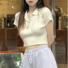 Short-sleeve Polo Knit Top Almond - One Size