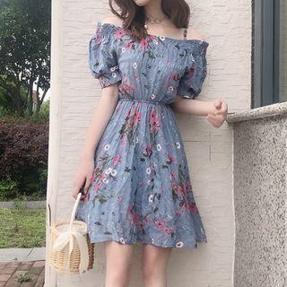 Floral Print Short-sleeve Cold-shoulder A-line Dress
