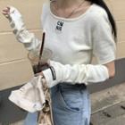 Set: Letter Embroidered Short-sleeve Knit Top + Fingerless Gloves