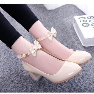 Bow Accent Ankle Strap Patent Chunky-heel Pumps