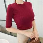 Elbow-sleeve Ribbed Slim-fit T-shirt