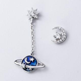 Non-matching Rhinestone Planet Crescent Earring 1 Pair - Silver - One Size
