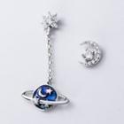 Non-matching Rhinestone Planet Crescent Earring 1 Pair - Silver - One Size