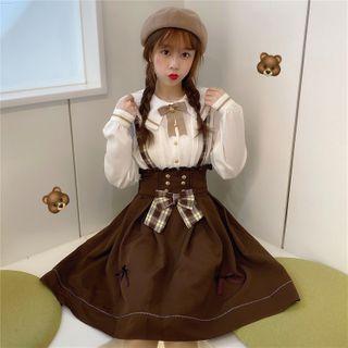 Tie-neck Pintuck Blouse / Ribbon A-line Jumper Skirt