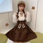 Tie-neck Pintuck Blouse / Ribbon A-line Jumper Skirt