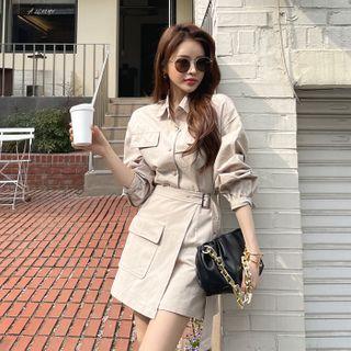 Set: Flap-pocket Shirt + Belted Wrap Miniskirt Beige - One Size