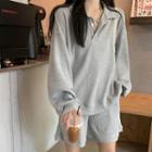 Oversized Collared Long-sleeve Sweatshirt / High-waist Drawstring Wide-leg Shorts
