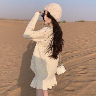 Set: Cable-knit Sweater + Ruffle Hem Mini Skirt Sweater Set - White - One Size
