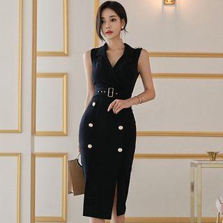 Sleeveless Button-detail Midi Sheath Dress