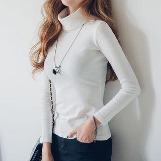 Turtleneck Plain Long-sleeve Top