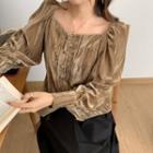 Square-neck Plain Woolen Button-up Blouse Coffee - One Size