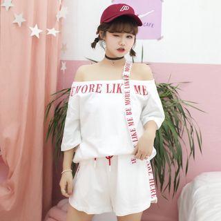 Set: Lettering Off Shoulder 3/4 Sleeve Top + Drawstring Shorts