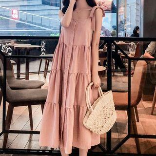 Tie-shoulder Buttoned Midi A-line Tiered Dress