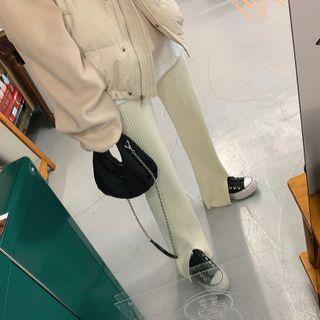 High-waist Plain Ribbed Knit Pants