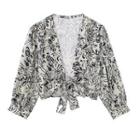 3/4-sleeve Tie-front Print Blouse