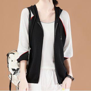 3/4-sleeve Perforated Color Block Zip Hooded Jacket