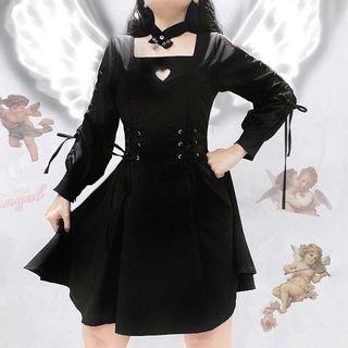 Choker Lace-up-sleeve A-line Mini Dress