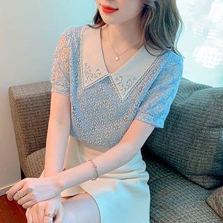 Peter Pan Collar Color Block Lace Cutout Top