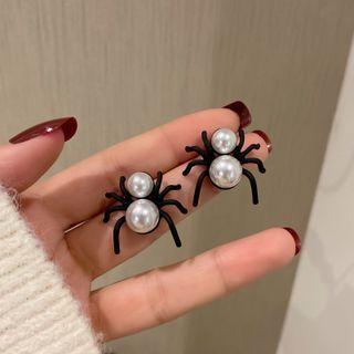 Spider Faux Pearl Alloy Earring 1 Pair - S925 Silver - Black - One Size