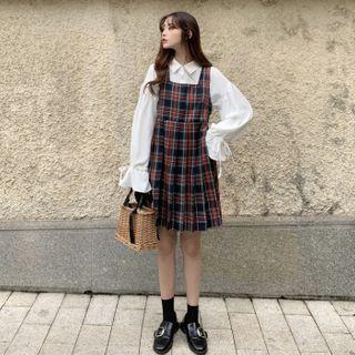 Plain Lace-up Shirt / Plaid Pinafore Dress