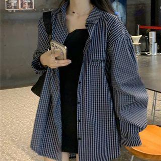 Long-sleeve Gingham Oversized Shirt Plaid - Black & Blue - One Size