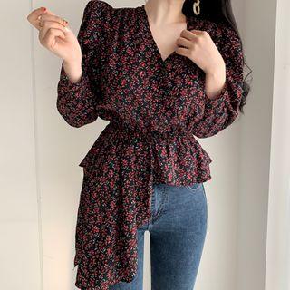 Long-sleeve Floral Print Peplum Blouse