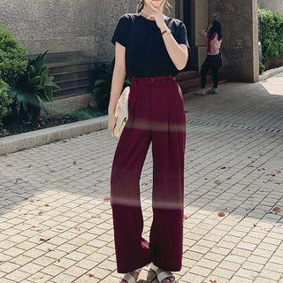 Set: Short-sleeve Plain T-shirt + Wide Leg Pants