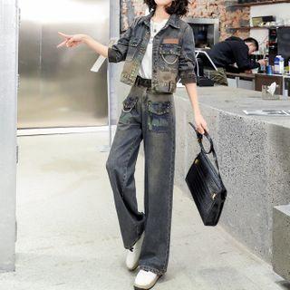 Set: Applique Studded Blazer + Wide Leg Jeans
