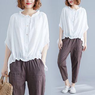 Set : Plain Asymmetrical Ruffle Collar Top + Capri Pants